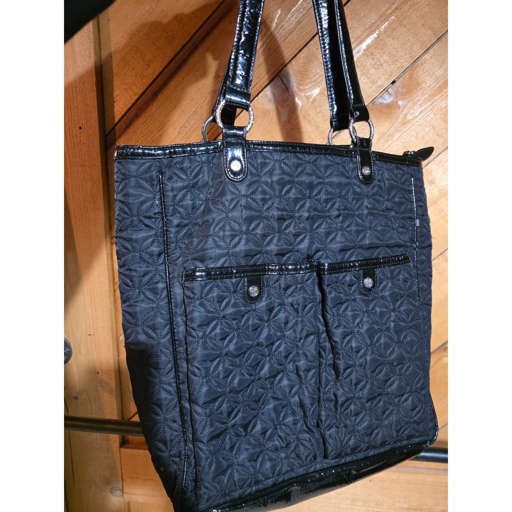 Vera Bradley Black Quilted Microfiber Tote Bag Patent Trim Floral Lining